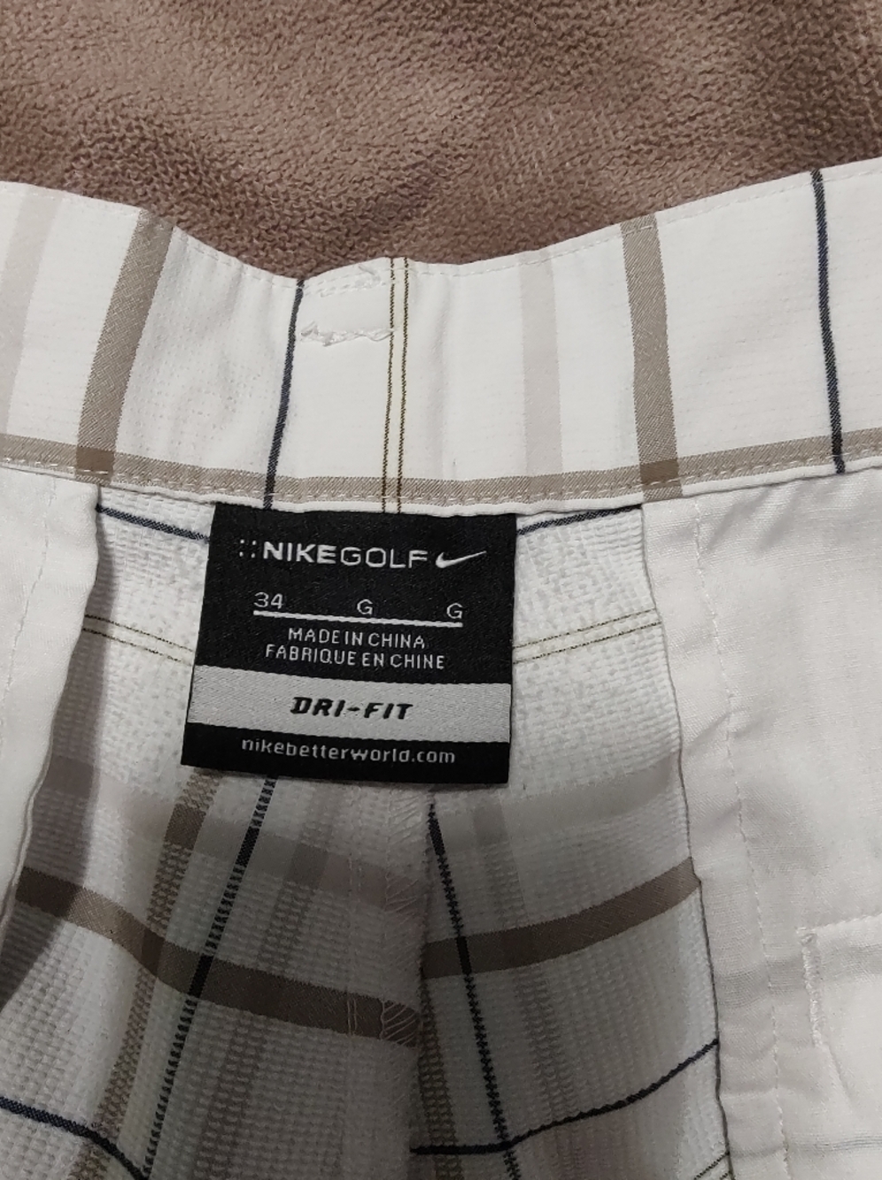 Nike Golf Dri-FIT Plaid Shorts White Beige Brown Black Men's Size 34 - Picture 4 of 4